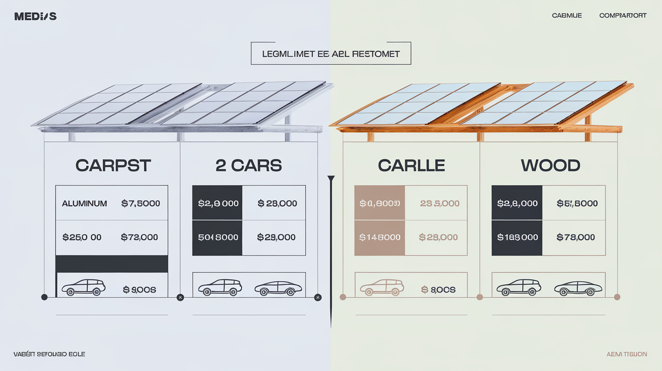 Comparatif prix carports photovoltaïques 1 et 2 voitures, matériaux aluminium bois, graphisme clean